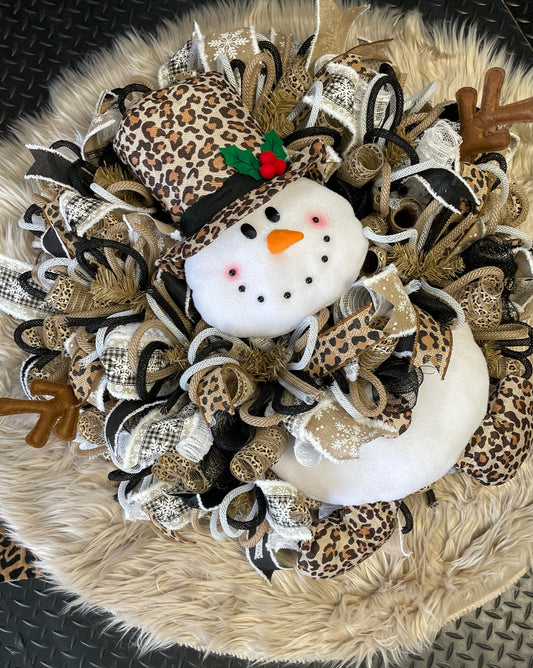 Leopard Snowman Mesh Wreath - One of a kind