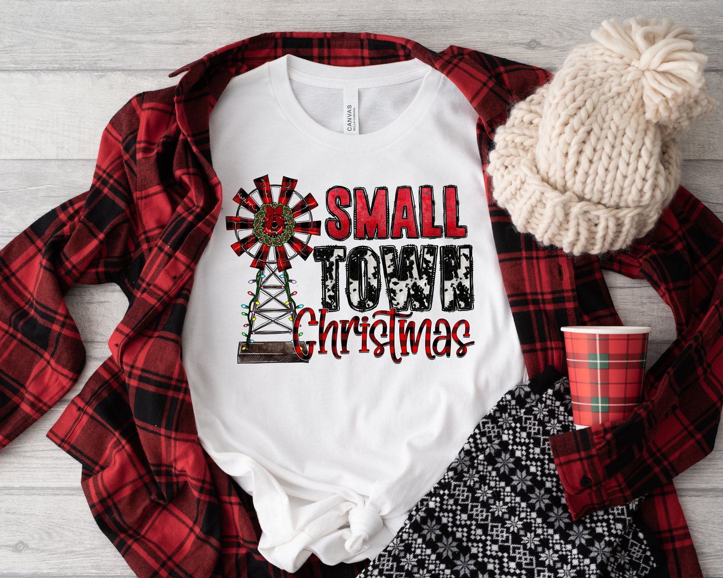 Small Town Christmas Windmill White Tee