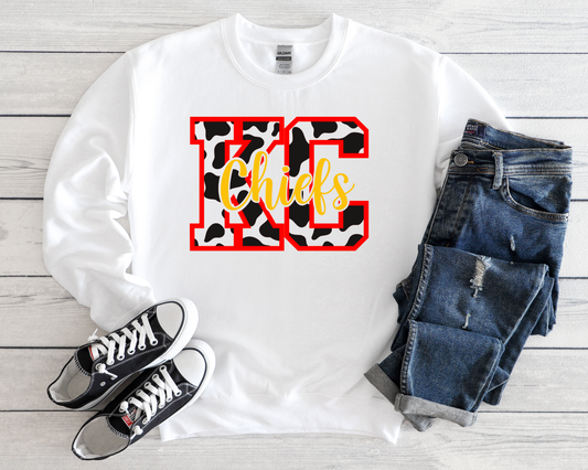 KC Cow print Gold  Chiefs White Sweatshirt
