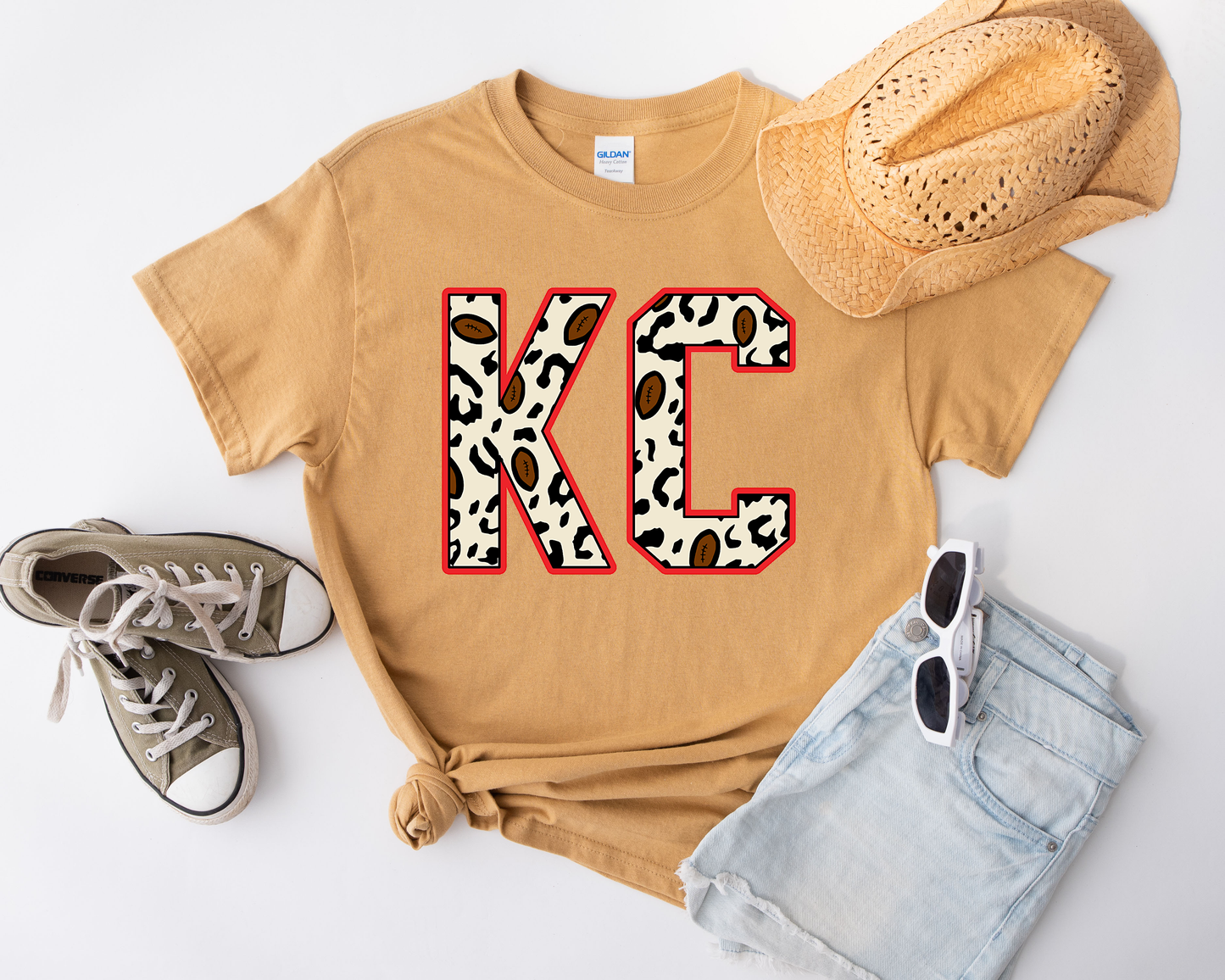 KC Block Football Leopard Old Gold Tee