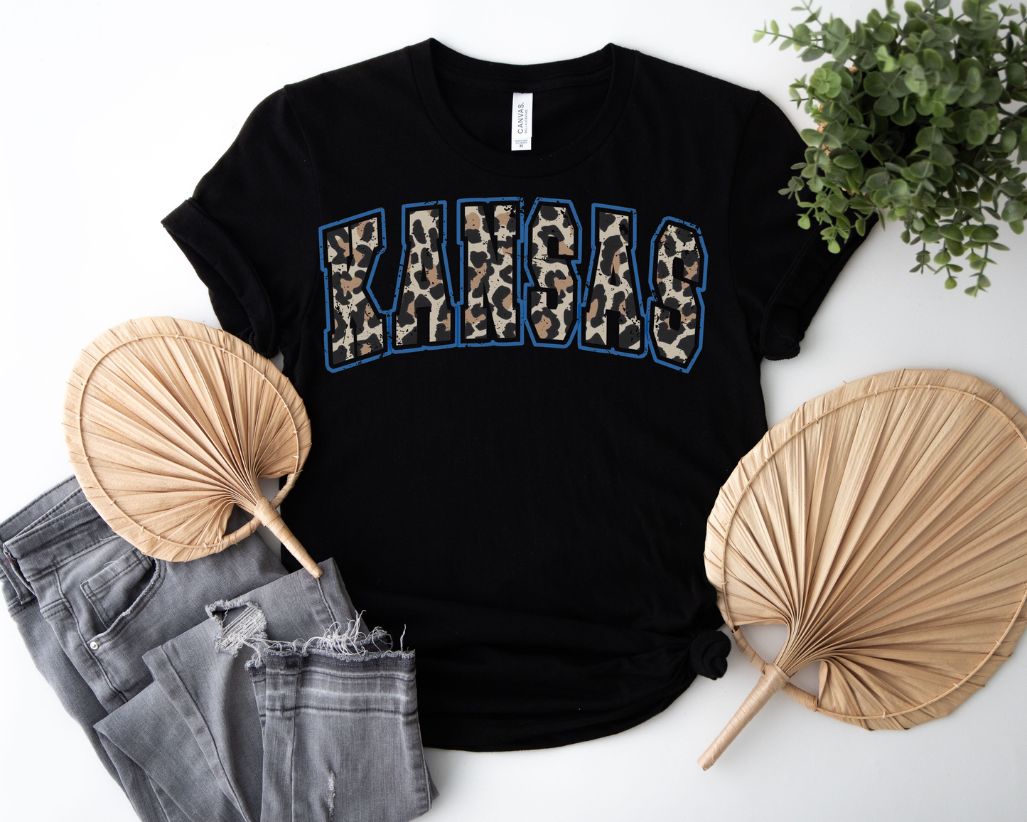 Kansas Leopard Blue Outline Black Tee