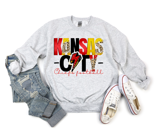 ***HALFTIME HAUL*** Kansas City Red, Black & Leopard Lightning Bolt Ash Sweatshirt
