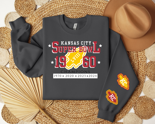 Kanas City Super Bowl with Years Arrowhead Sleeve Detail Charcoal Sweatshirt