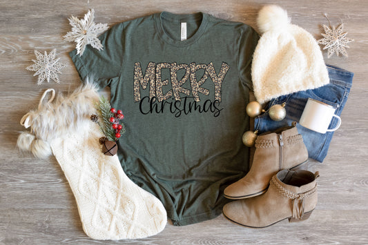 Leopard Merry Christmas Heather Forest Tee
