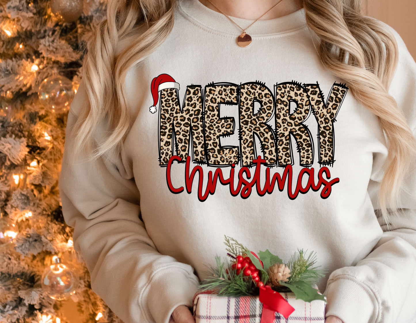 Santa Hat Leopard Merry Red Christmas Sand Sweatshirt