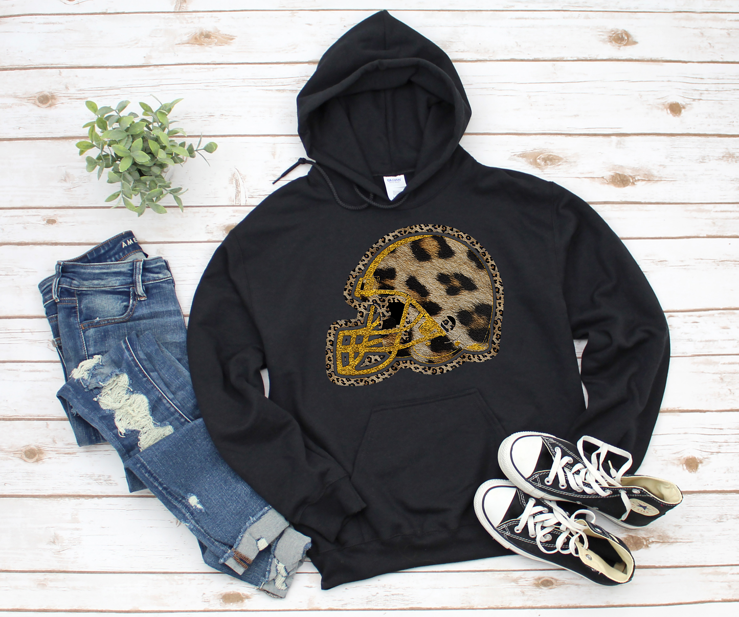 MU Leopard Helmet Glitter Outline Black Hoodie