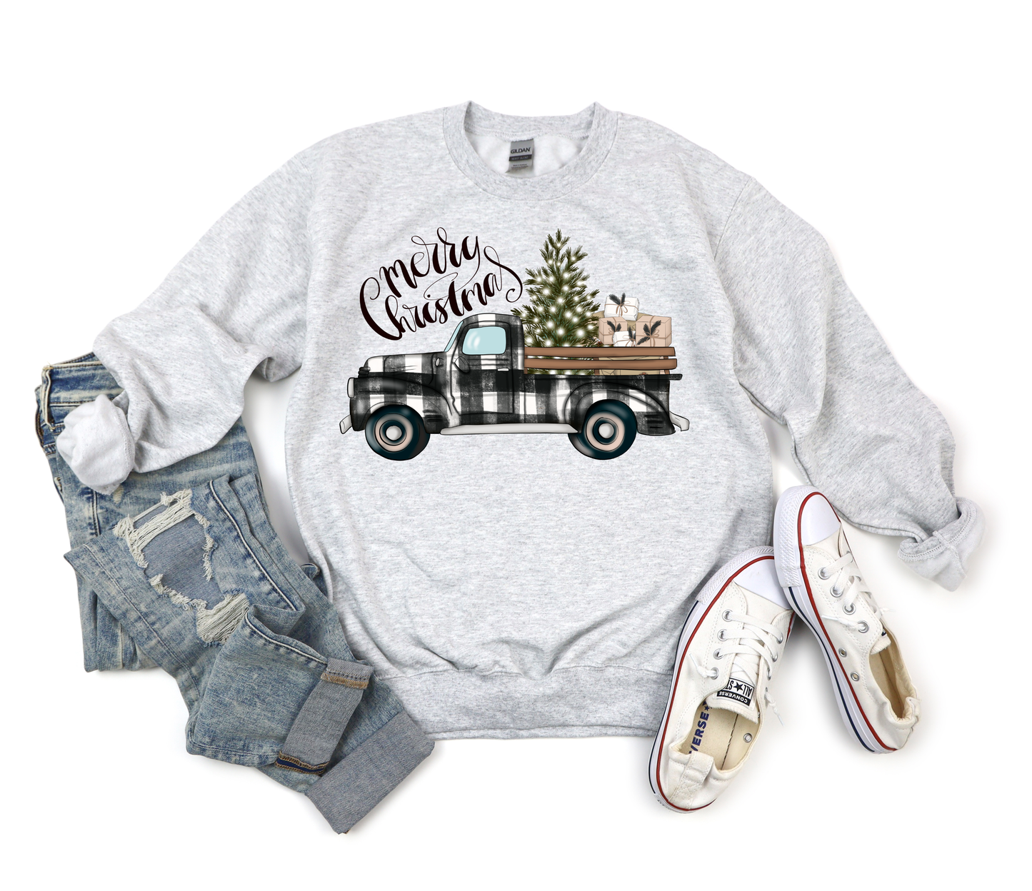 Merry Christmas Buffalo Plaid Black Truck Ash Sweatshirt