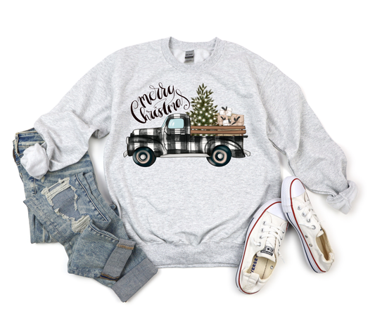 Merry Christmas Buffalo Plaid Black Truck Ash Sweatshirt