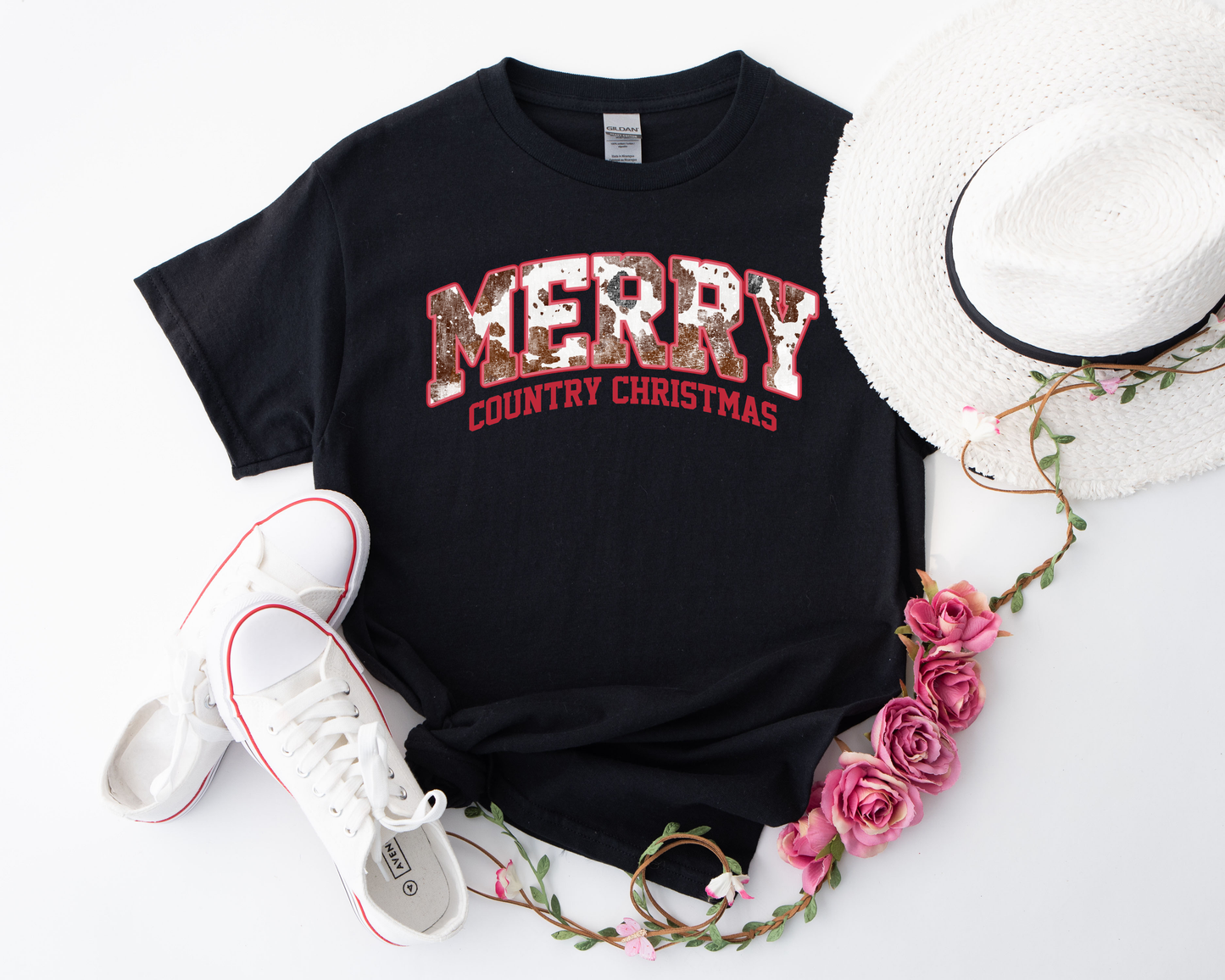Merry Country Christmas Cow Print Black Tee