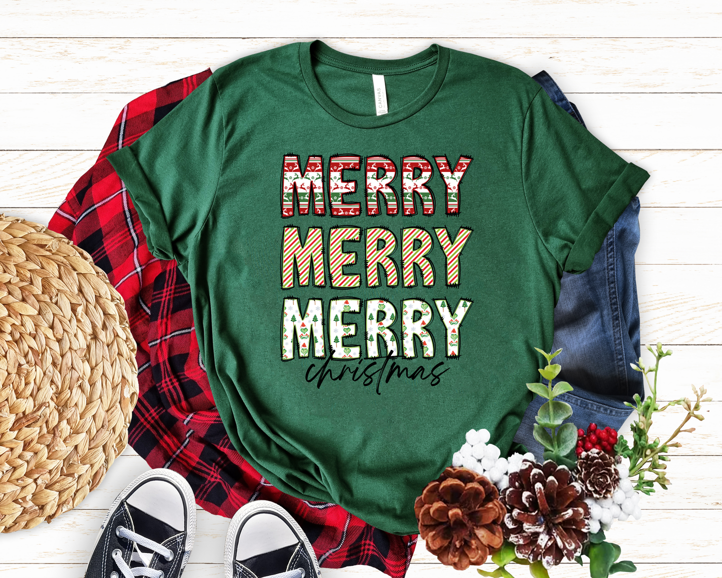 Merry Merry Merry Christmas Green Tee