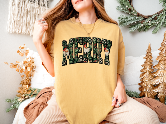 Merry Santa Black Checkered Mustard CC Tee