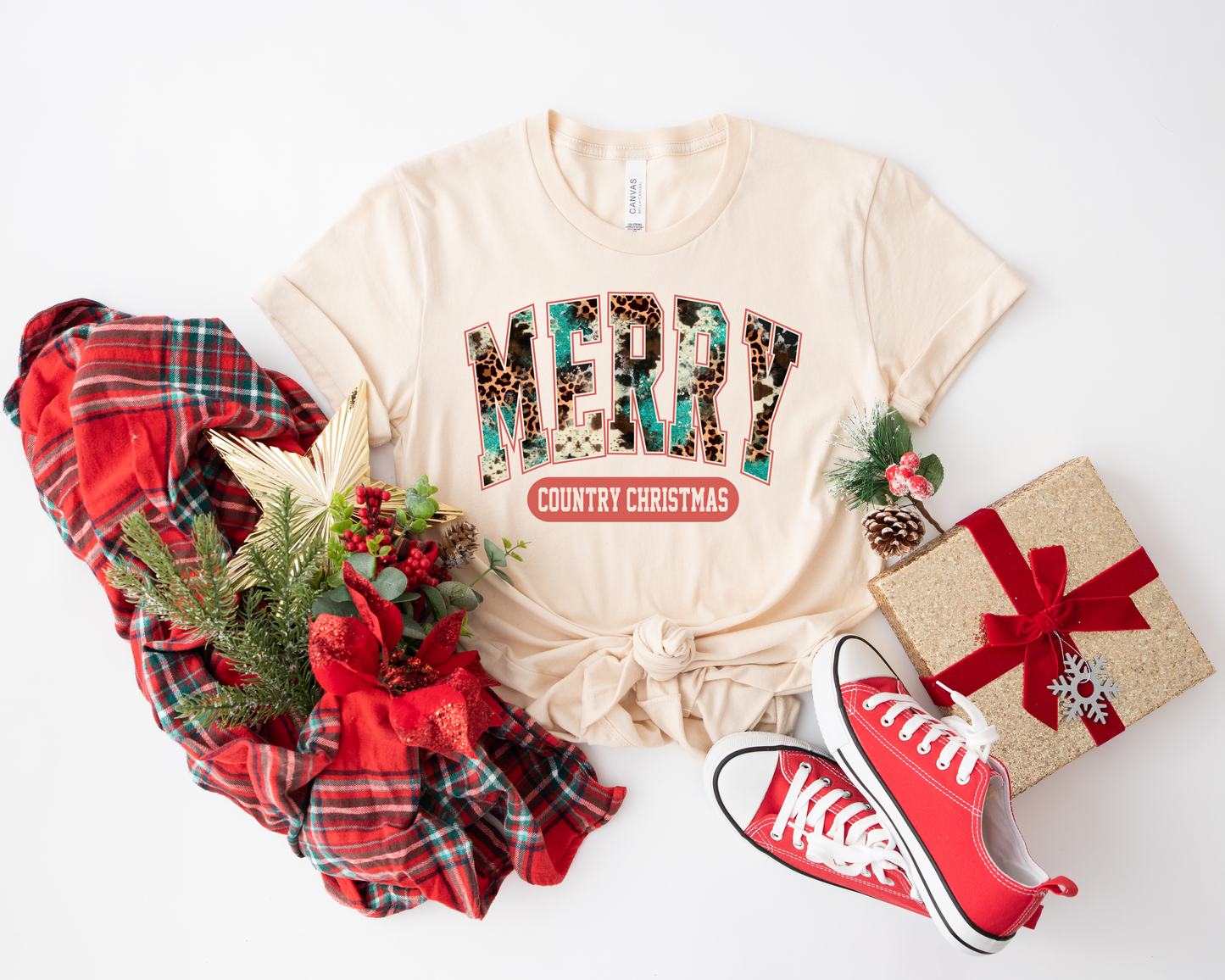 Merry Turquois and Leopard Country Christmas Ivory Tee
