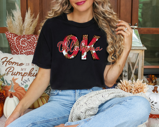 OK Red & White Leopard Oklahoma Black Comfort Colors
