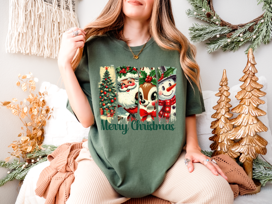 Old Fashioned Santa and Reindeer Green Merry Christmas Moss CC Tee