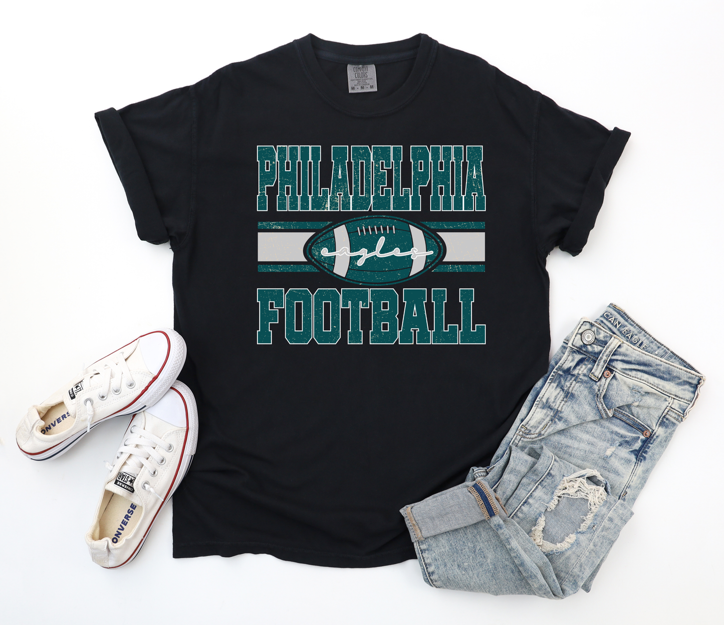 Distressed Philadelphia Football Black Comfort Colors Tee