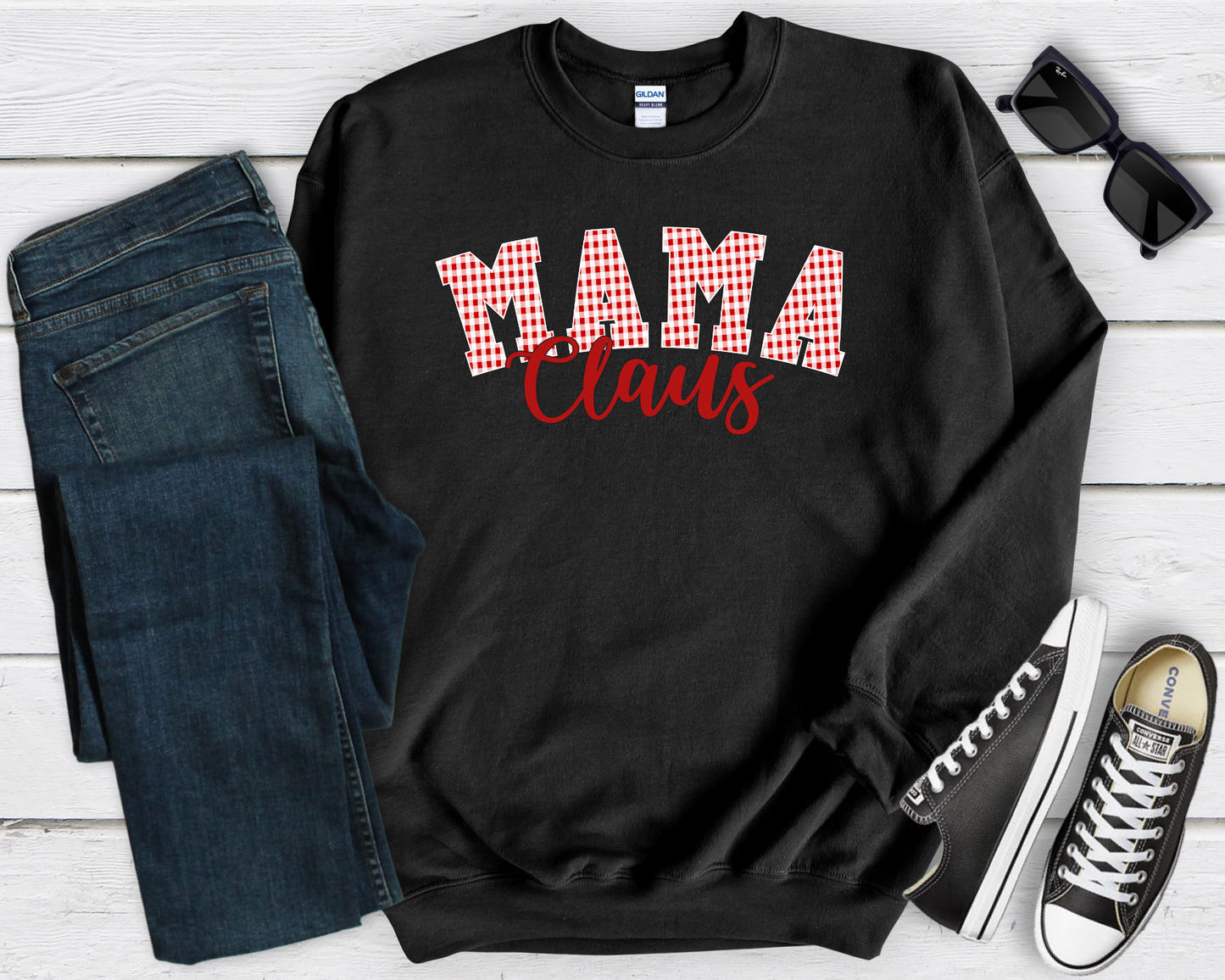 Red Plaid Mama Claus Black Sweatshirt