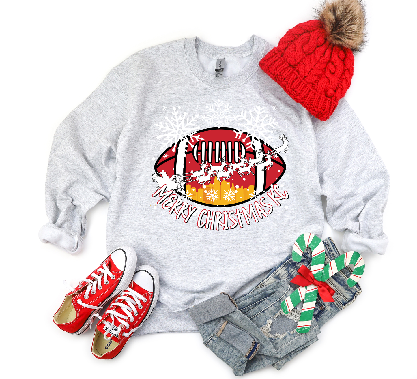 Red & Gold Football Merry Christmas Ash Sweatshirt