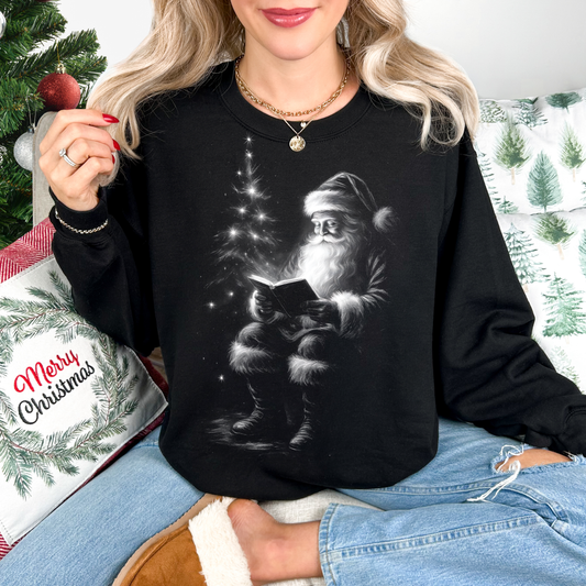 Santa Reading Book Black Sweatshirt