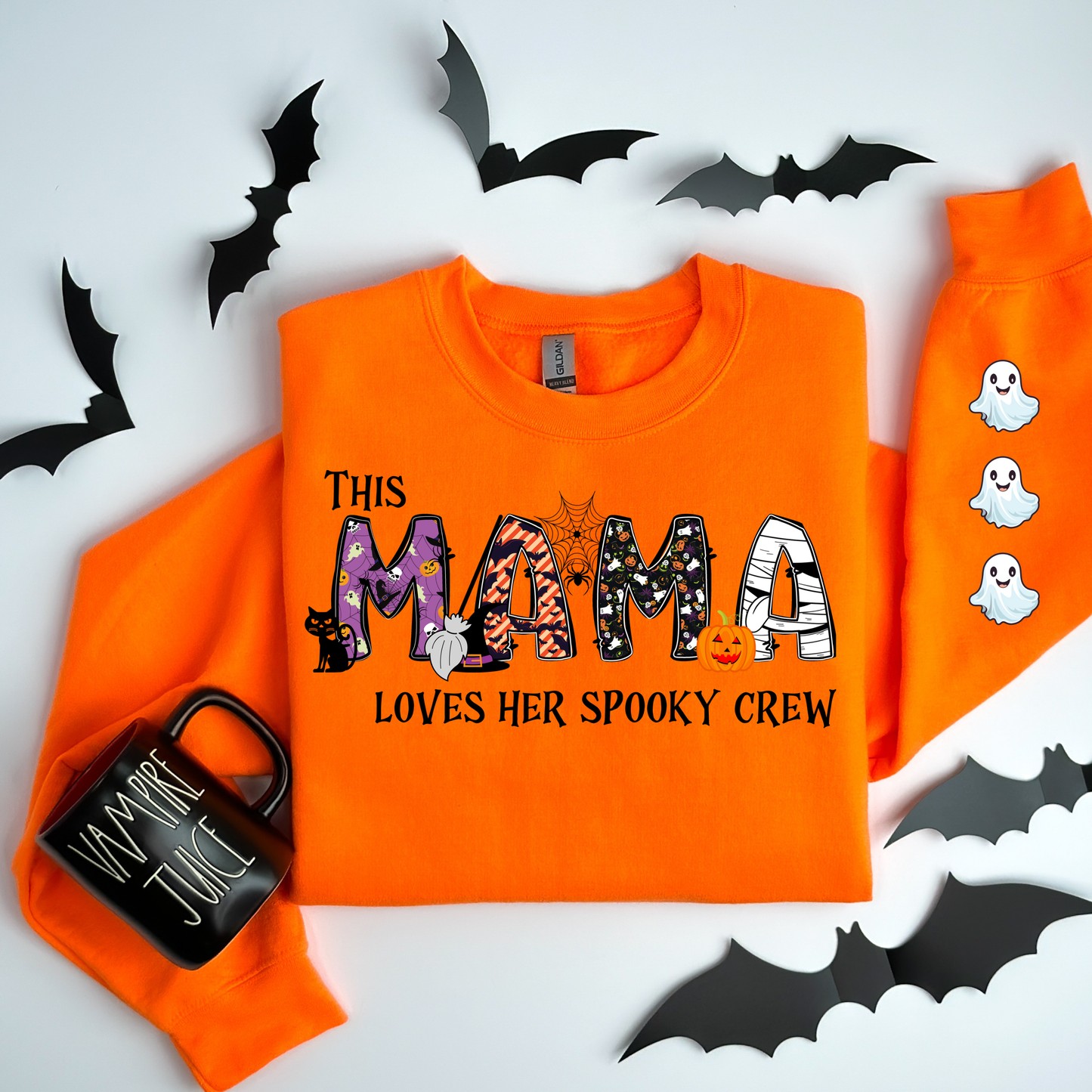 **PREORDER** This Mama Loves Her Spooky Crew w/ Sleeve Ghost Detail Orange Sweatshirt Customizable