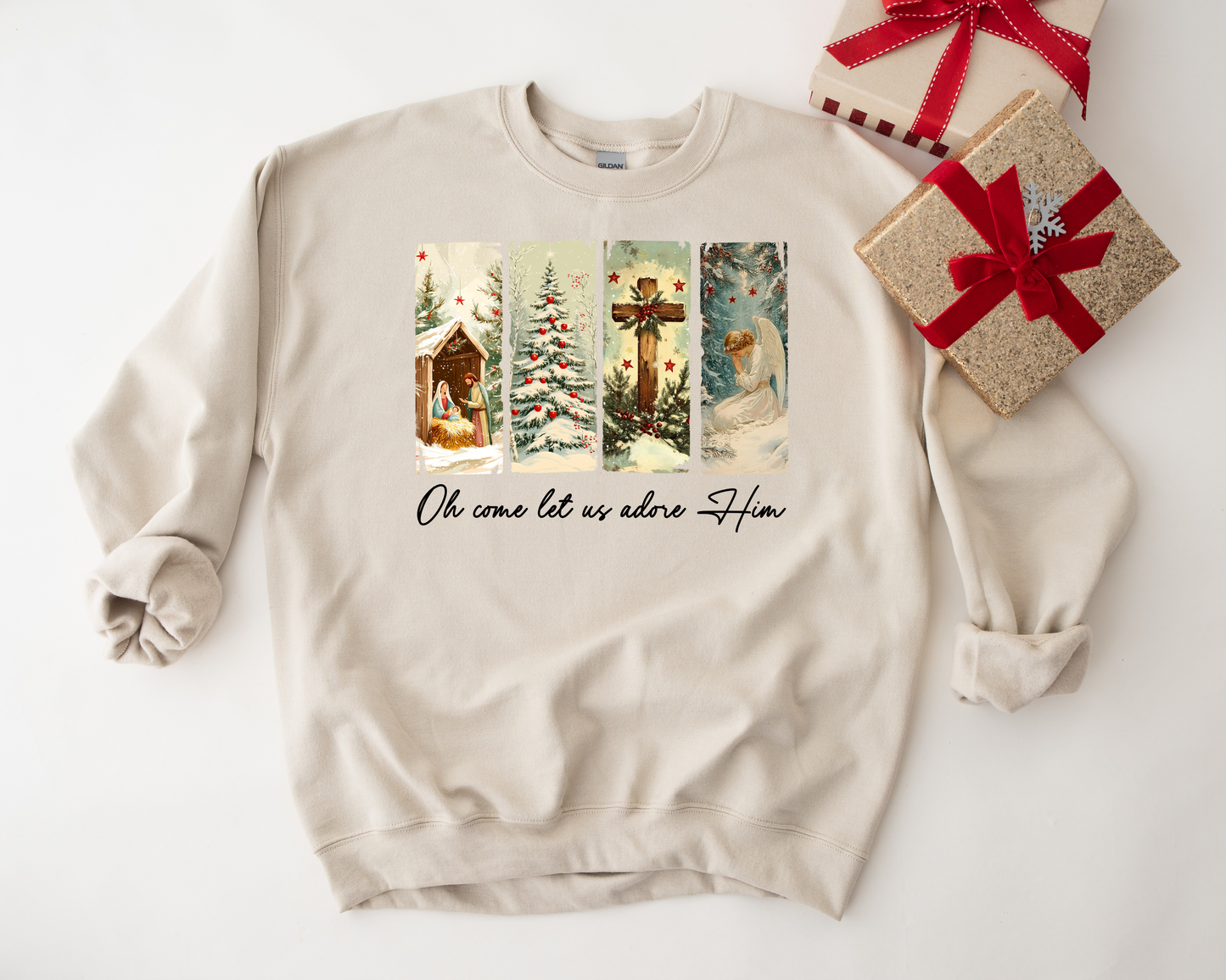 Vintage Oh Come Let Us Adore Him Sand Sweatshirt