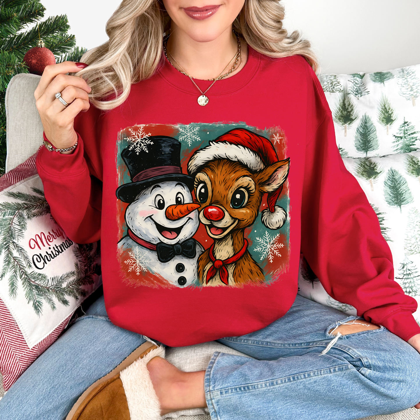 Vintage Snowman and Reindeer Cherry Red Sweatshirt
