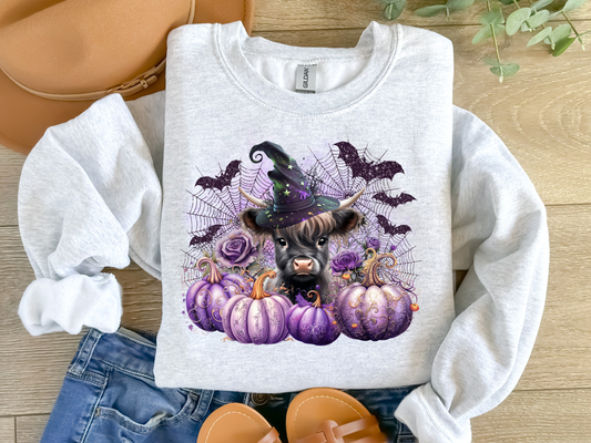Witch Hat Cow & Purple Pumpkins Ash Sweathsirt