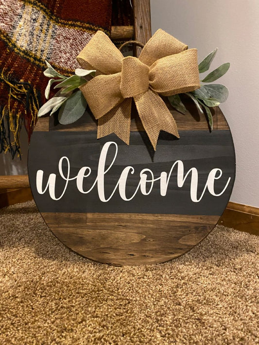 Welcome Door Hanger Natural and black with white welcome script